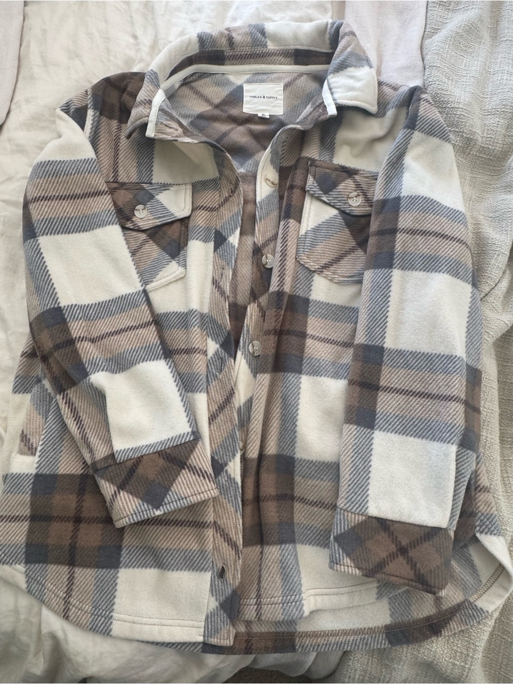 Thread & Supply Plaid Button-Front Shacket in Cream, Brown & Gray